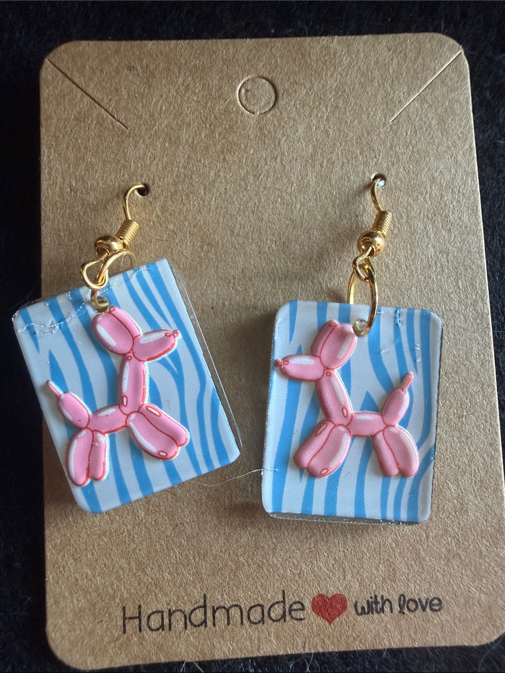 Pink Balloon Dog Earrings On Blue Stripe Acrylic Panels